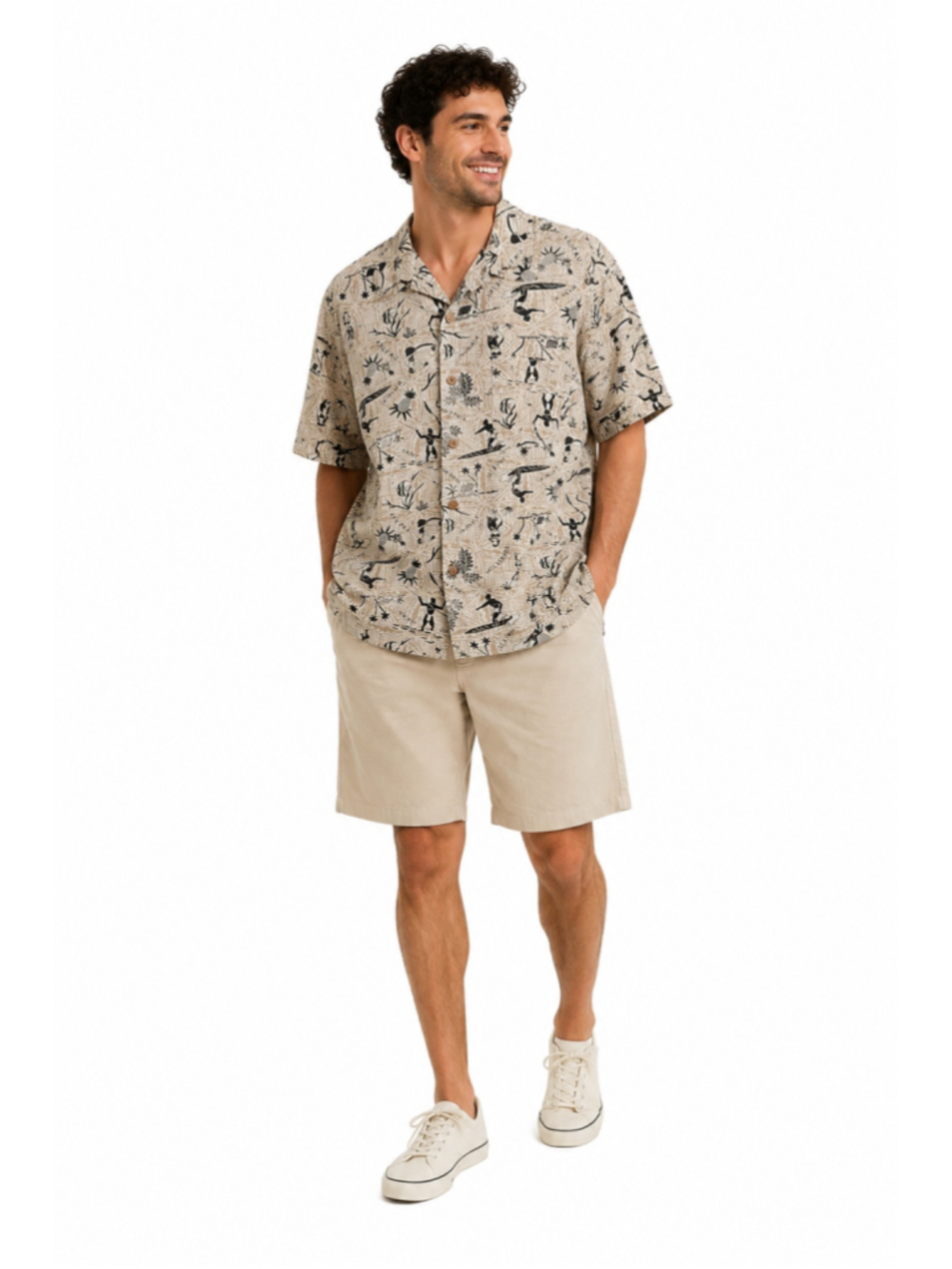Men's Unionbay Casual Button Down Shirt Size M Beige Black Print (Run big)